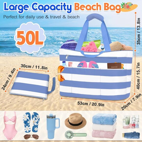 Women's Purple White Waterproof Sandproof Xl Tote Zipper Foldable Beach Bags - Picture 4 of 8